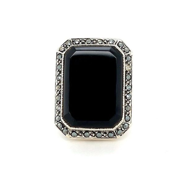 Large Onyx Surrounding Marcasite Sterling Silver 925 Ring - Picture 1 of 11